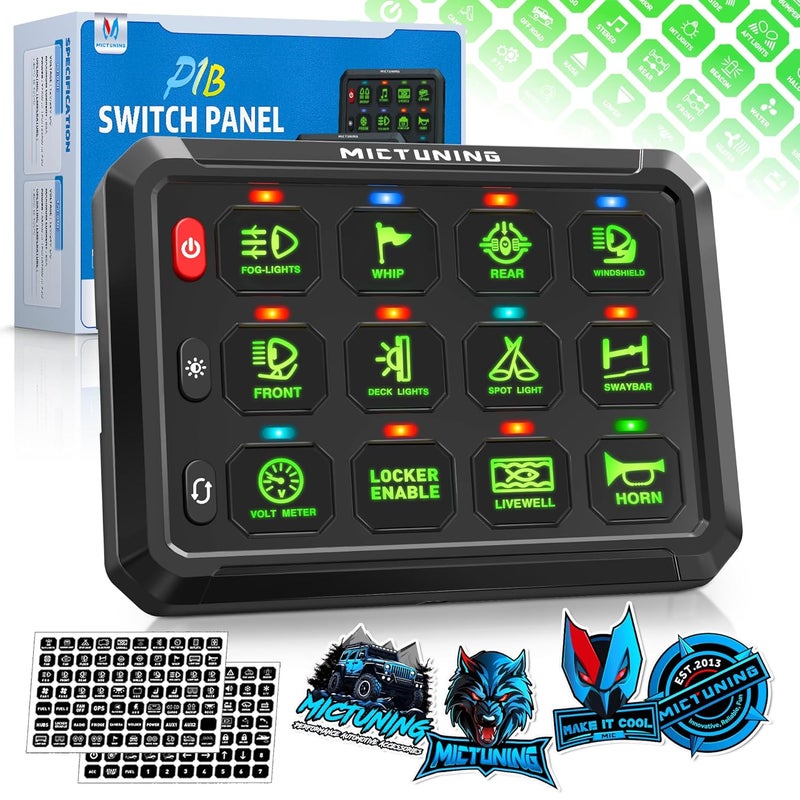 MICTUNING P1B 12 Gang Switch Panel, Multifunction Toggle Momentary Flash Strobe Pulsed with Backlight Off Toggle Switch Pod On Off Circuit Control Relay Box for Car Truck Off Road Marine, Green - Image 1